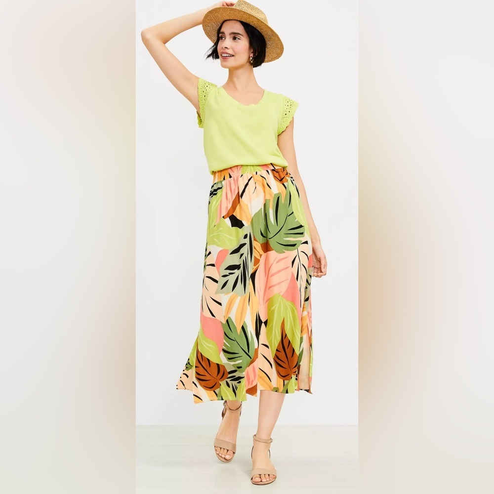 LOFT Multicolor Leaf Print Midi Skirt